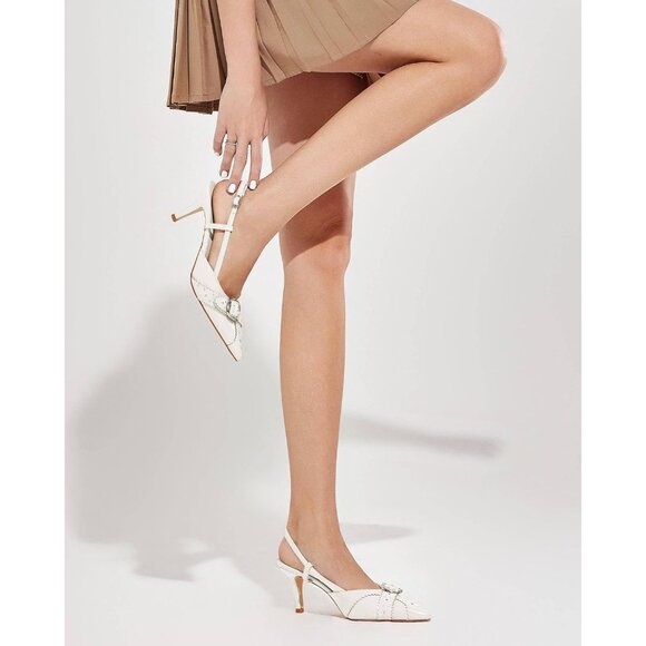 💫 Women White Slingback Kitten Heels Studded Pointed Toe Pumps Buckle Shoes - Picture 2 of 7